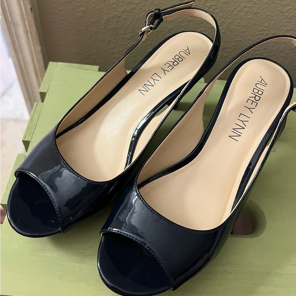 Aubrey Lynn Navy Peep Toe Slingback Heels